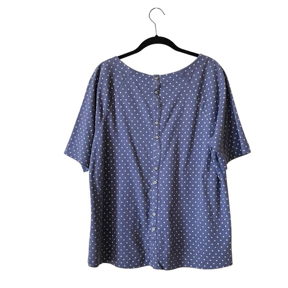 LL Bean Polka Dot Top Women’s Size L Blue White Cotton Button Back Short Sleeve - Picture 4 of 6